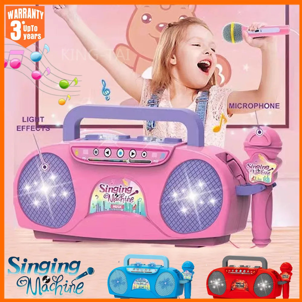 Pink plastic kids microphone karaoke machine with purple speaker grilles and matching microphone educational toy gift