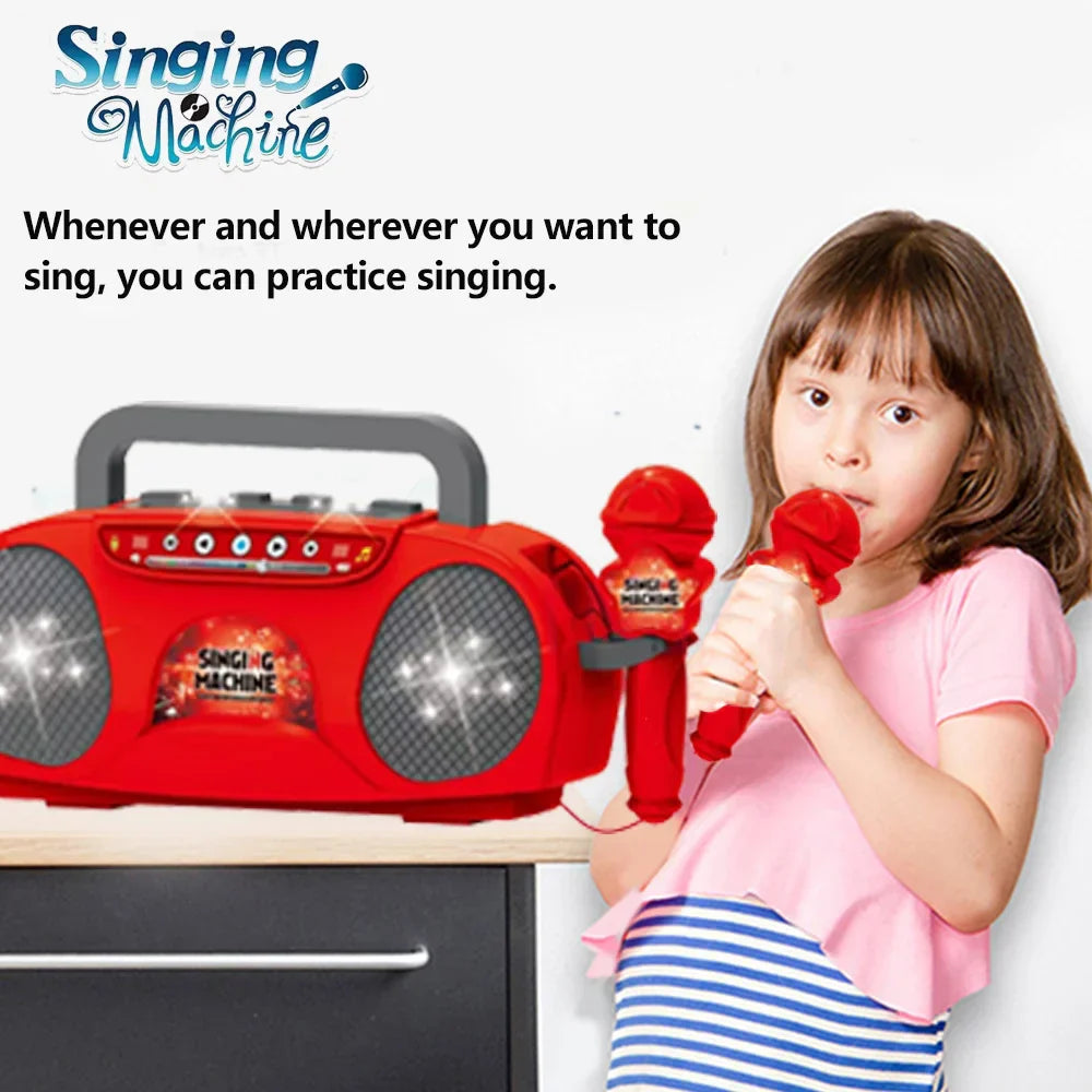 Red plastic kids microphone karaoke machine with two microphones and lights suitable as travel educational toy gift