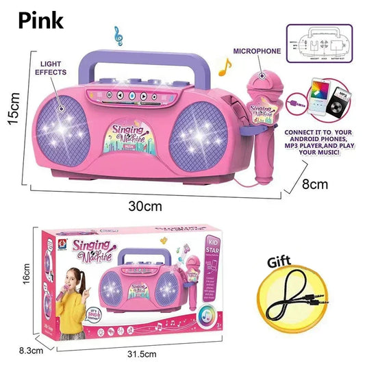 Pink plastic kids microphone karaoke machine music instrument with purple accents and matching mic for travel educational toy use
