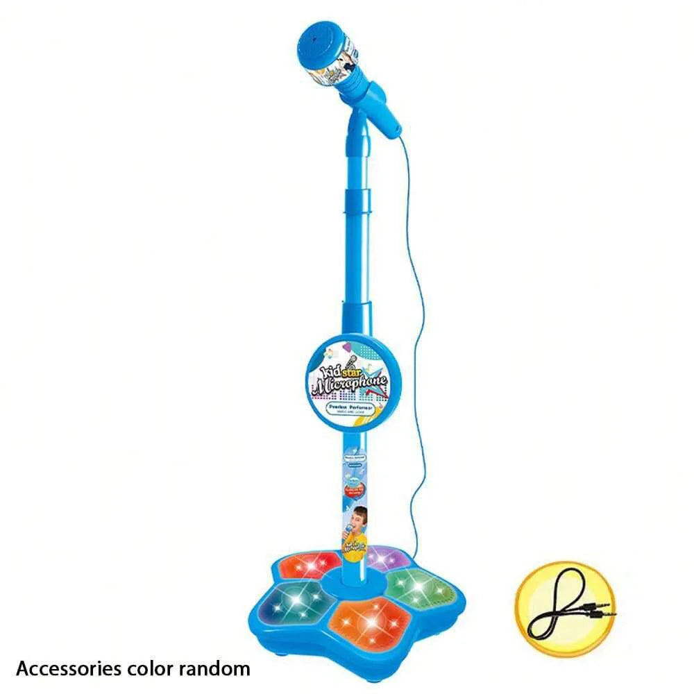 Blue kids microphone stand with colorful illuminated buttons and cartoon design is a durable karaoke electronic party microphone toy