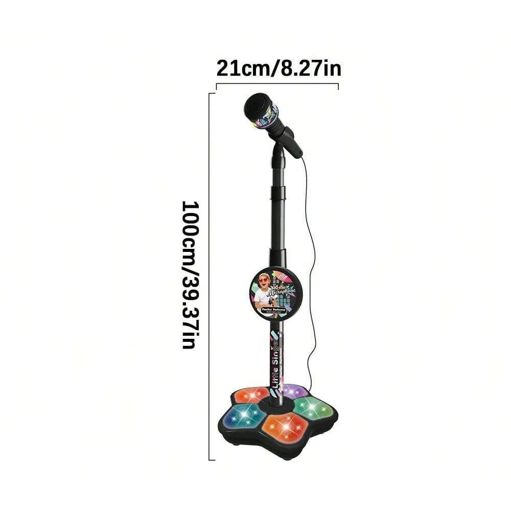 Black kids microphone stand with colorful illuminated pedal base and circular display for durable party karaoke electronic use