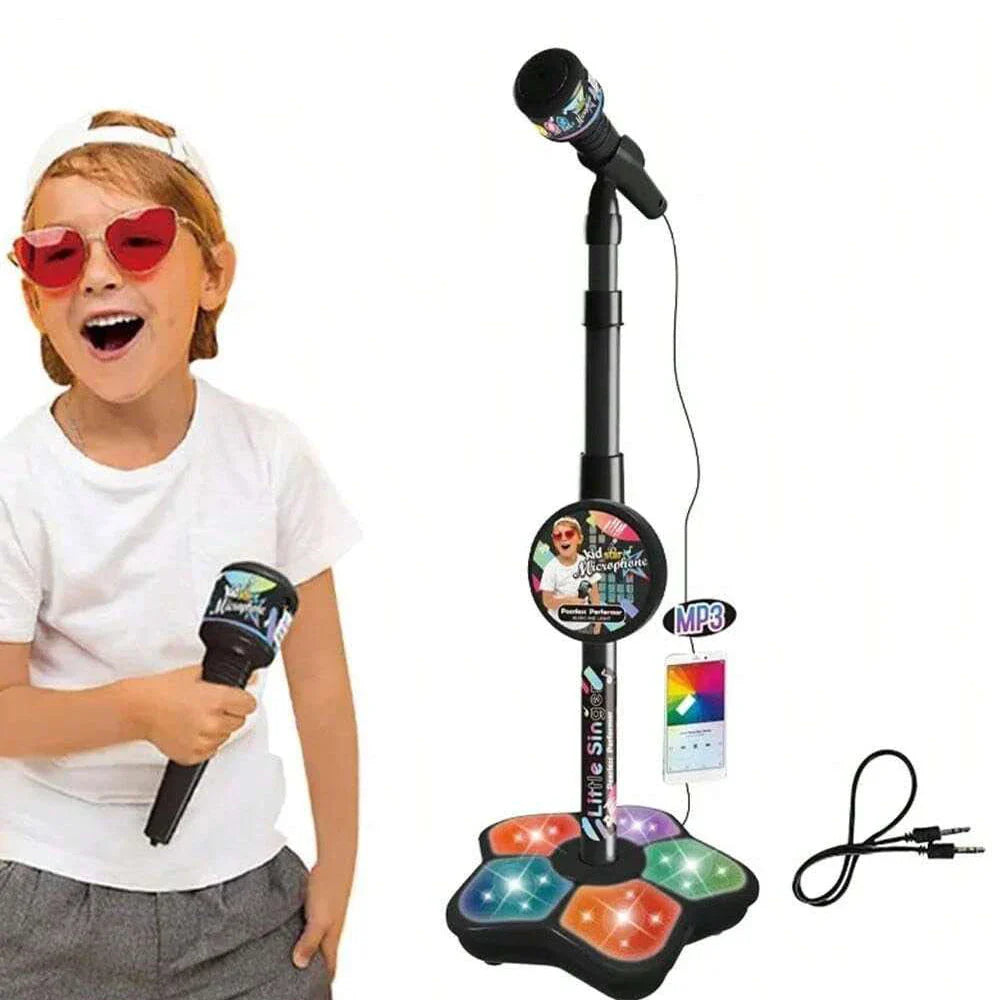 Black kids microphone stand with colorful illuminated foot pedal and mp3 functionality for durable party karaoke microphone use