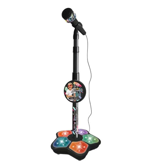 Black kids microphone with adjustable stand toddler base featuring colorful led lights and little simba branding circular display