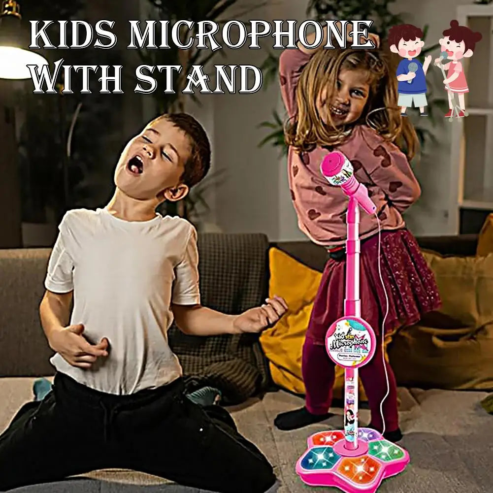 Pink kids microphone with star-shaped base and adjustable stand toddler gift music instrument with music and light features
