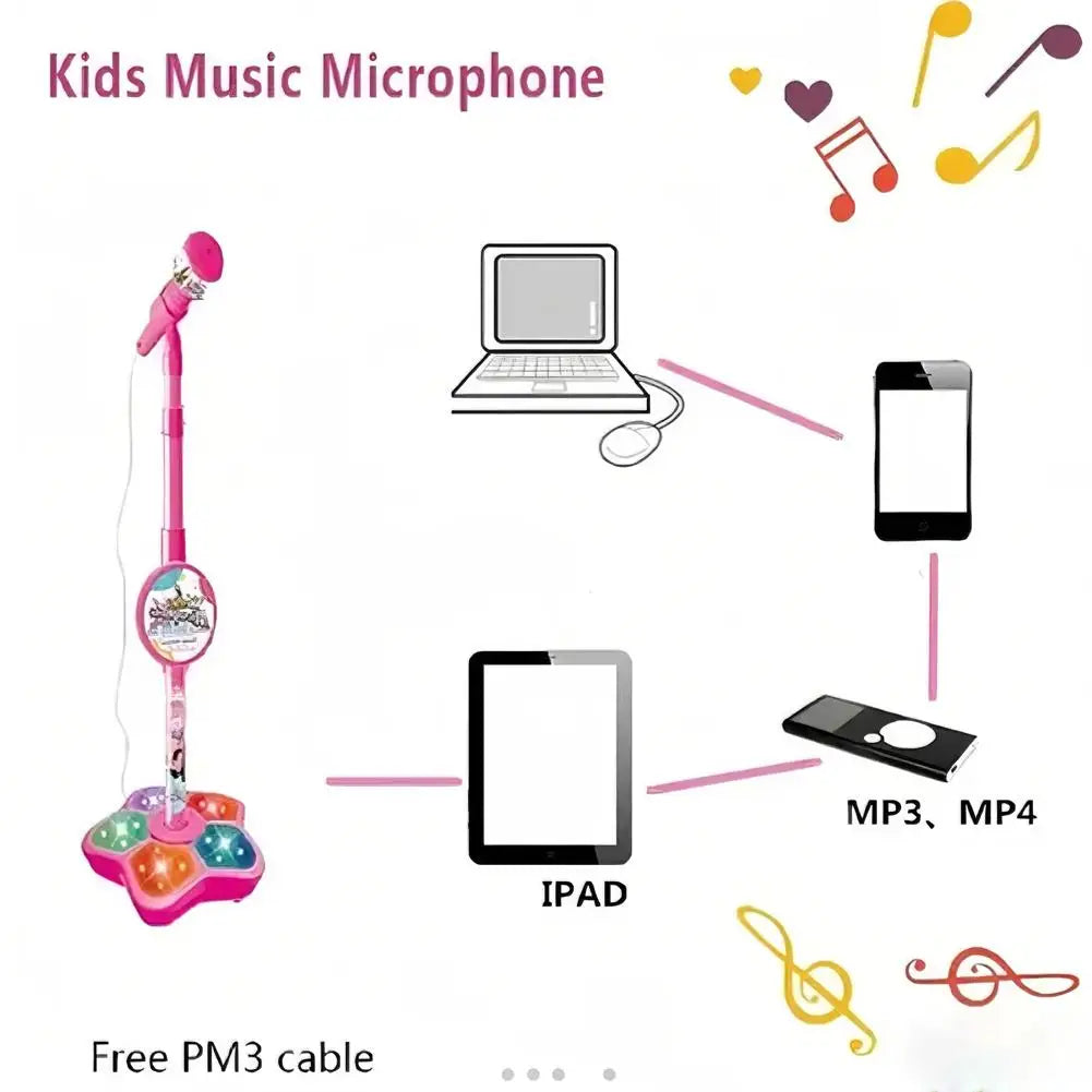 Pink kids microphone with adjustable stand toddler featuring a colorful star-shaped base and cartoon character design