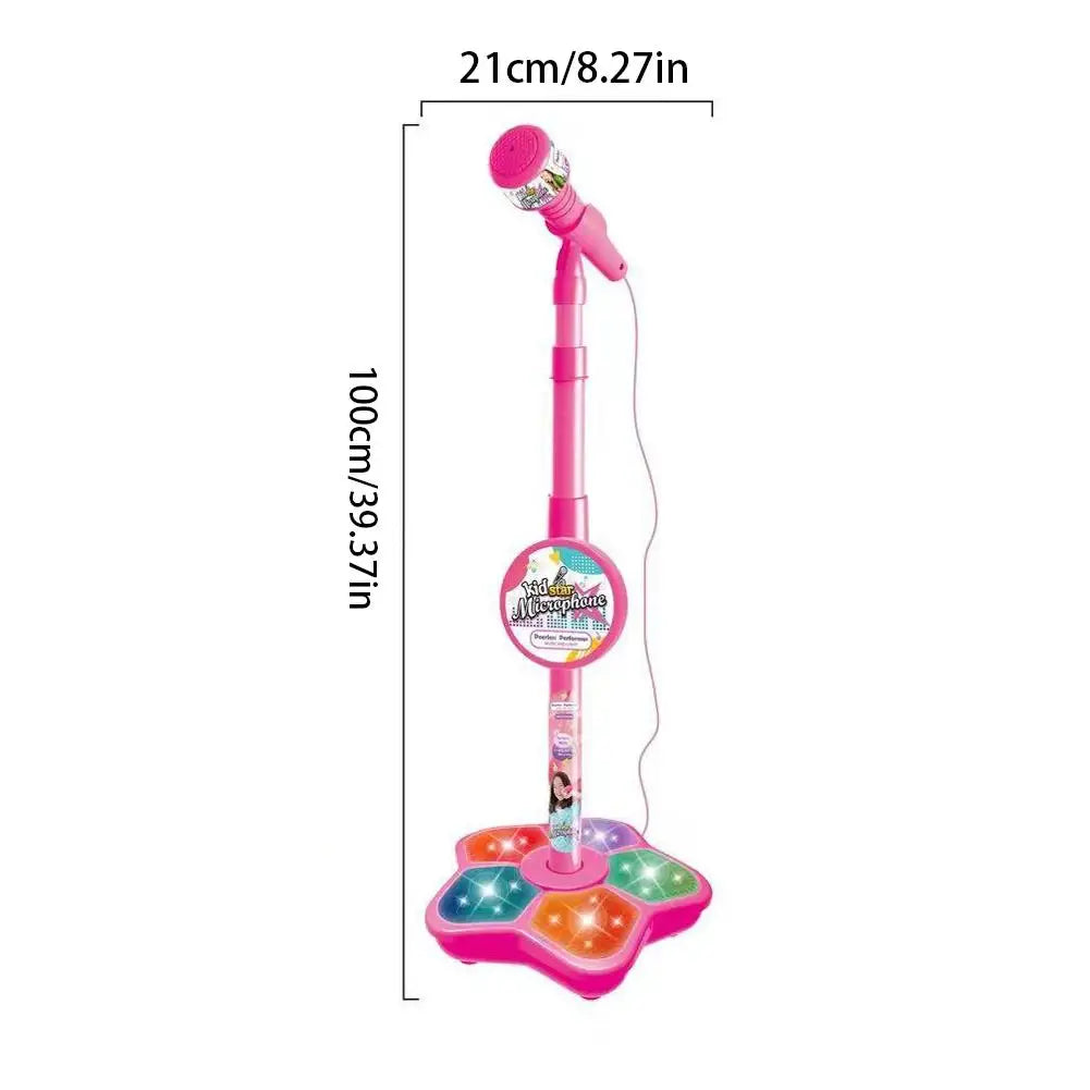 Pink kids microphone with adjustable stand toddler featuring colorful illuminated star base and cartoon-themed design gift music instrument