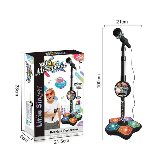 Black plastic kids microphone with stand karaoke song featuring colorful illuminated orange and blue base educational toy birthday gift