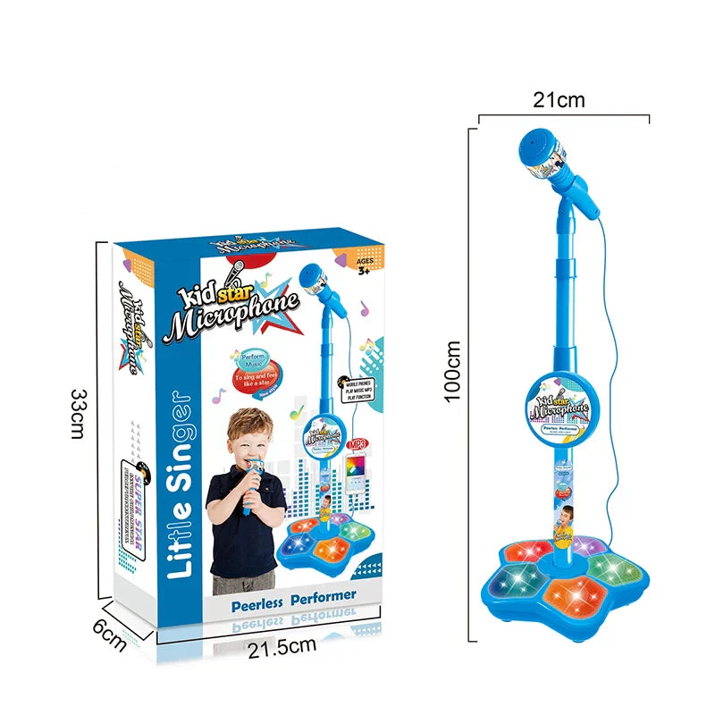 Blue plastic kids microphone stand with colorful illuminated buttons and adjustable pole educational toy birthday gift