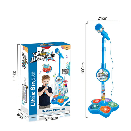 Blue plastic kids microphone with stand karaoke song featuring colorful illuminated buttons and adjustable pole educational toy birthday gift