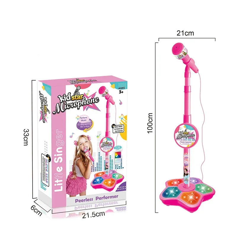 Pink plastic kids microphone with flower-shaped stand karaoke song base featuring colorful illuminated buttons educational toy birthday gift