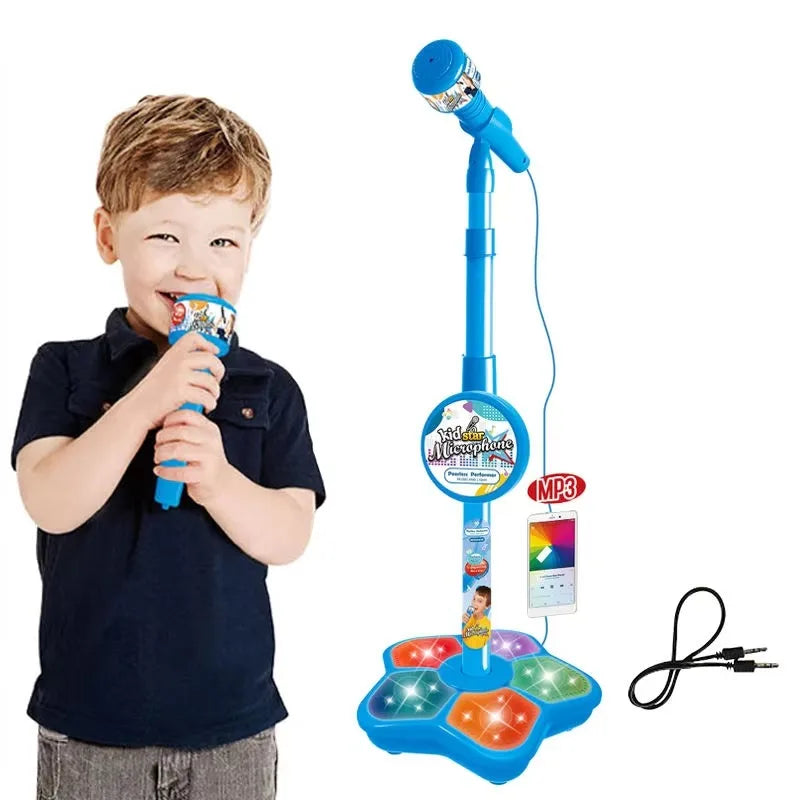Blue kids microphone with stand karaoke song featuring colorful illuminated buttons and mp3 connectivity educational toy birthday gift