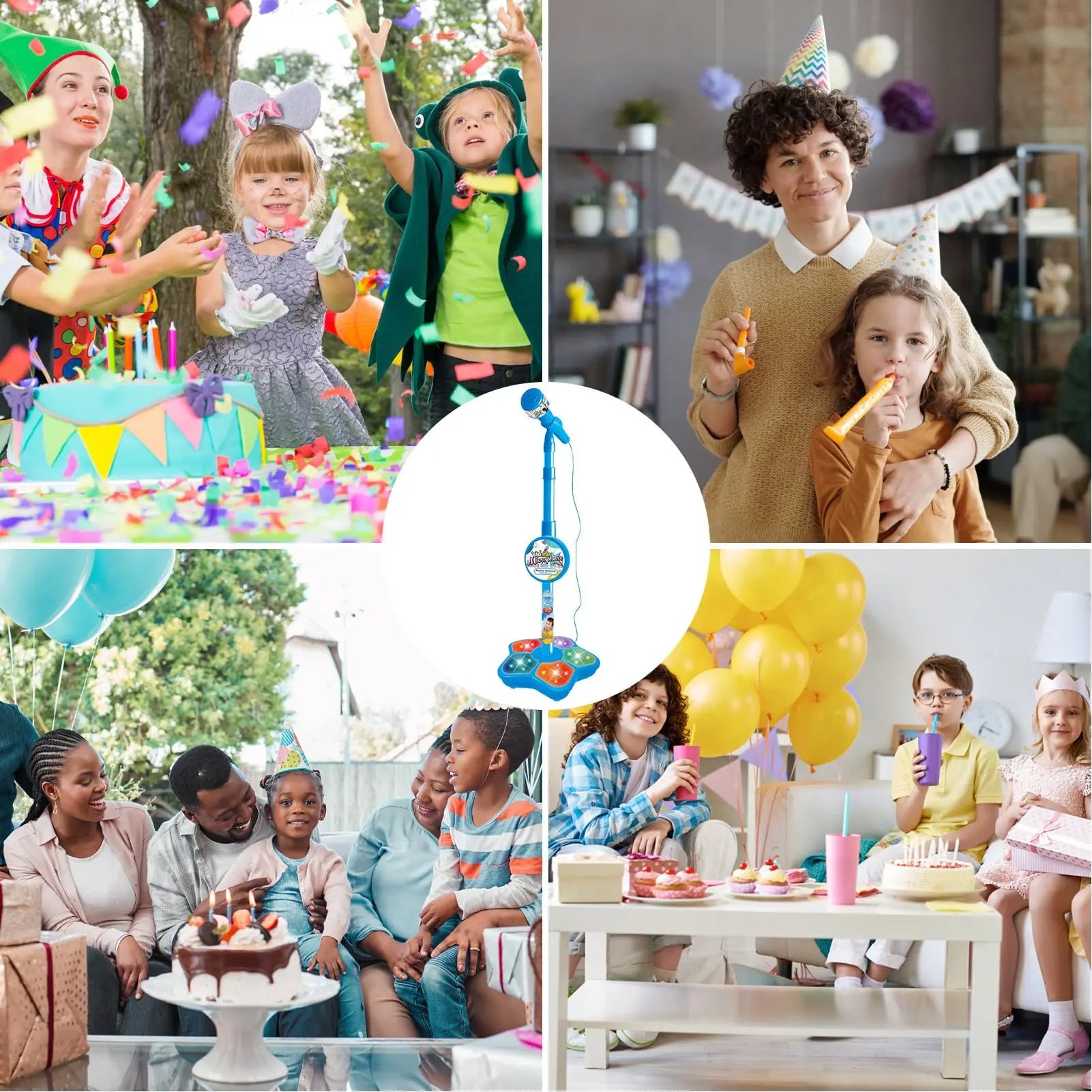 Blue kids microphone with stand featuring colorful button keypad and cartoon design as an educational toy birthday gift