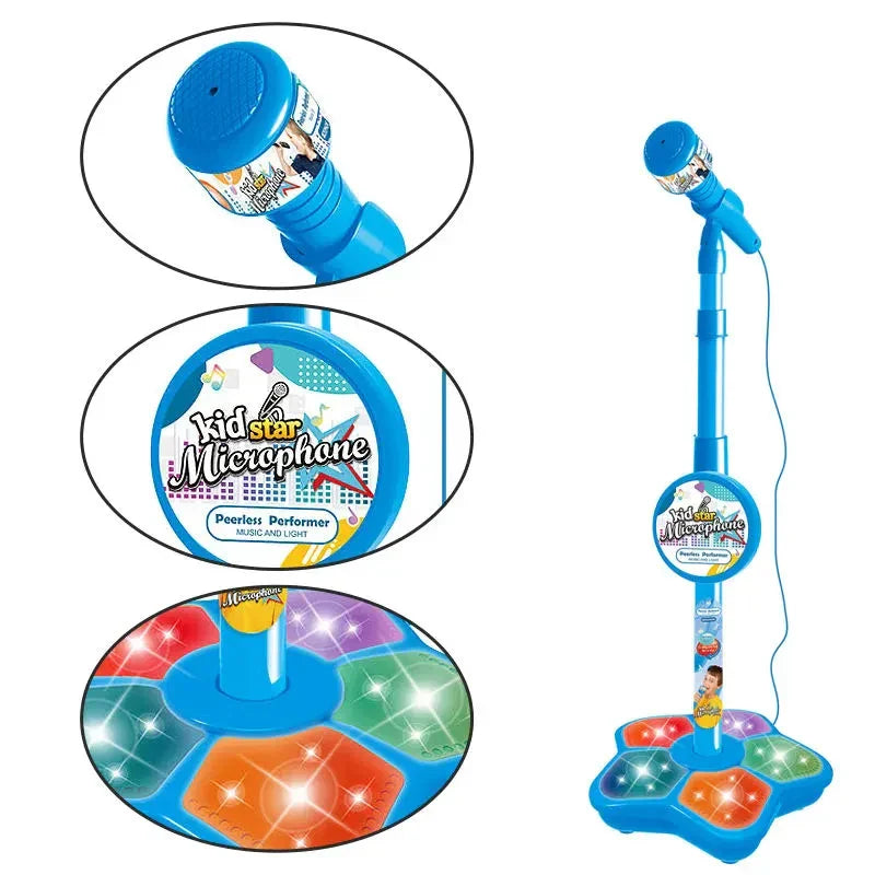 Blue kids microphone with detachable mic and colorful illuminated buttons stands as an educational toy birthday gift