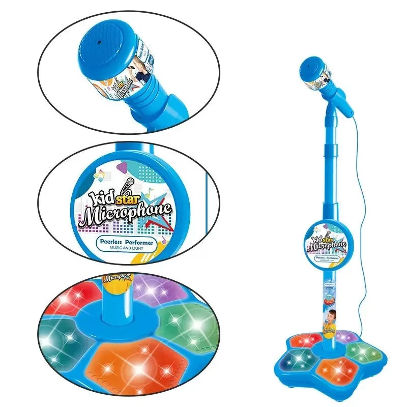 Blue plastic kids microphone with stand karaoke song featuring colorful illuminated buttons and detachable mic for educational toy birthday gift