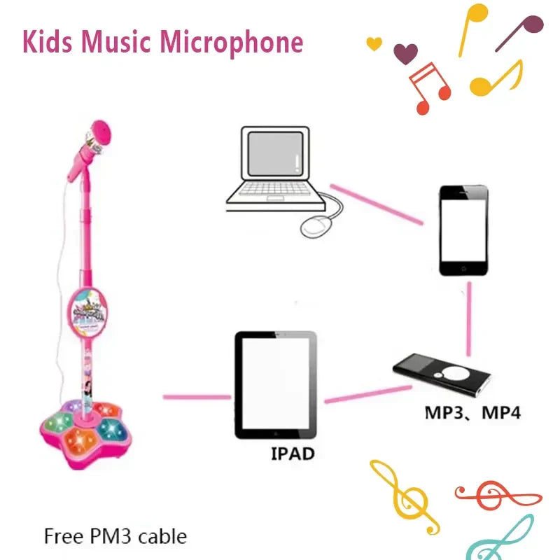 Pink kids microphone with colorful star-shaped base and decorative stand for educational toy birthday karaoke song use