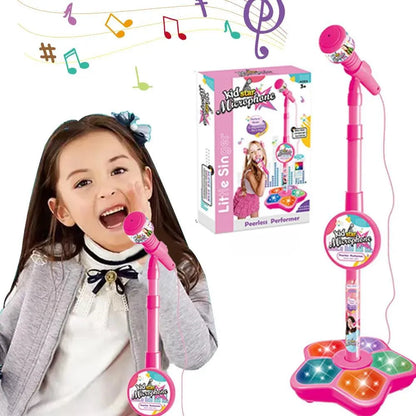Pink kids microphone with stand karaoke song featuring colorful illuminated buttons and cartoon design educational toy birthday gift