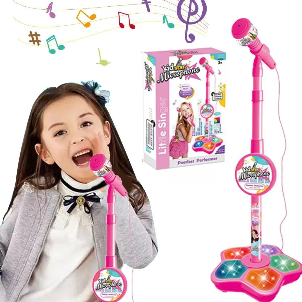 Pink kids microphone with stand featuring colorful illuminated buttons and cartoon design educational toy birthday gift