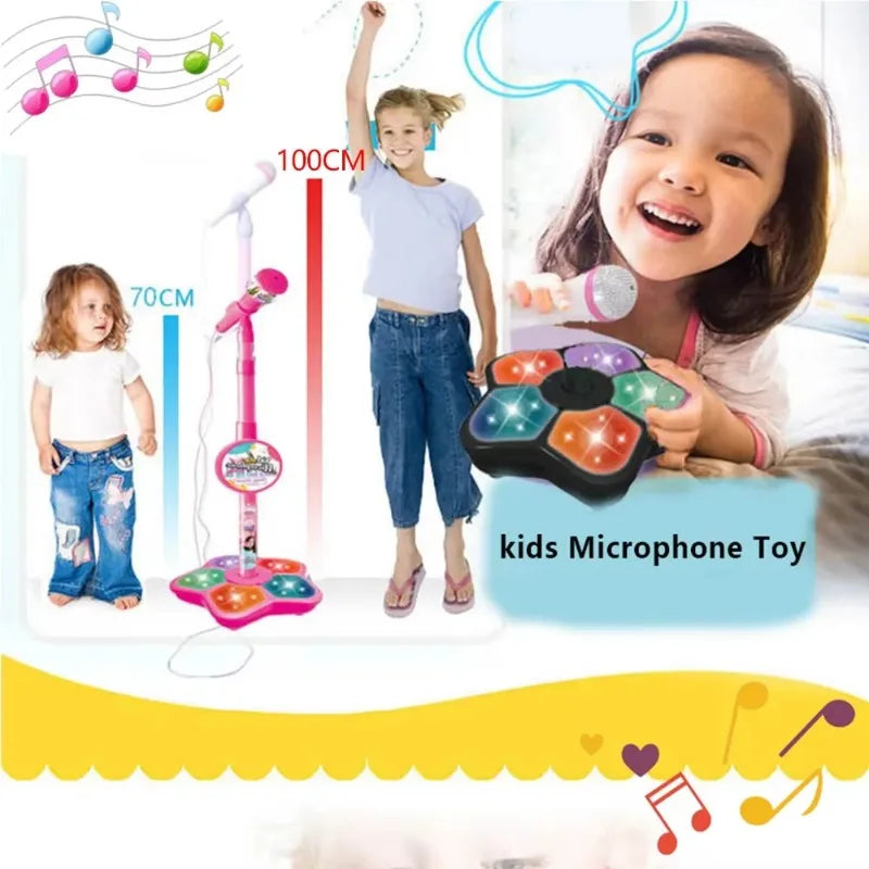 Pink and purple kids microphone toy with colorful illuminated buttons on a star-shaped base for stand karaoke song use