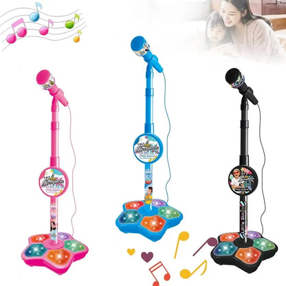 Three colorful kids microphone stands with illuminated pedal bases and branded labels for stand karaoke song educational toy birthday gift