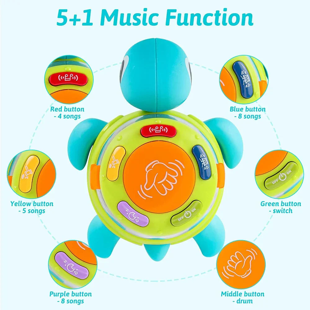 Brightly colored plastic kids music turtle toy with multiple buttons for musical early learning and fine motor skills development