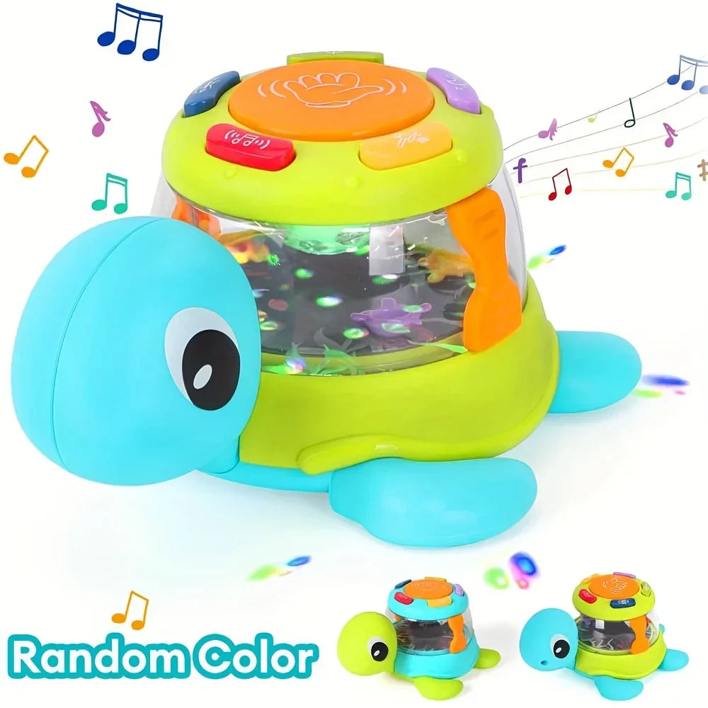 Brightly colored kids music turtle toy with translucent dome glowing lights and musical buttons enhances fine motor skills
