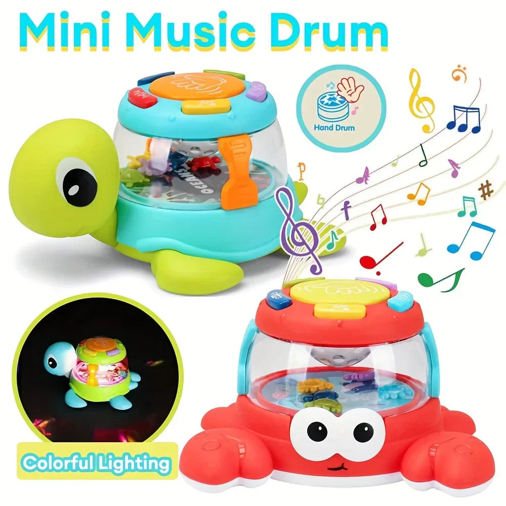 Colorful plastic kids music turtle toy with transparent drum shell and bright buttons enhances fine motor skills