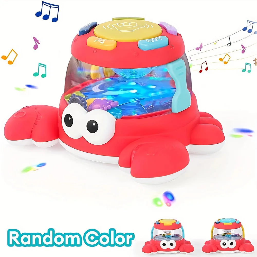 Red crab-shaped kids music turtle toy with colorful buttons and glowing dome enhances fine motor skills development