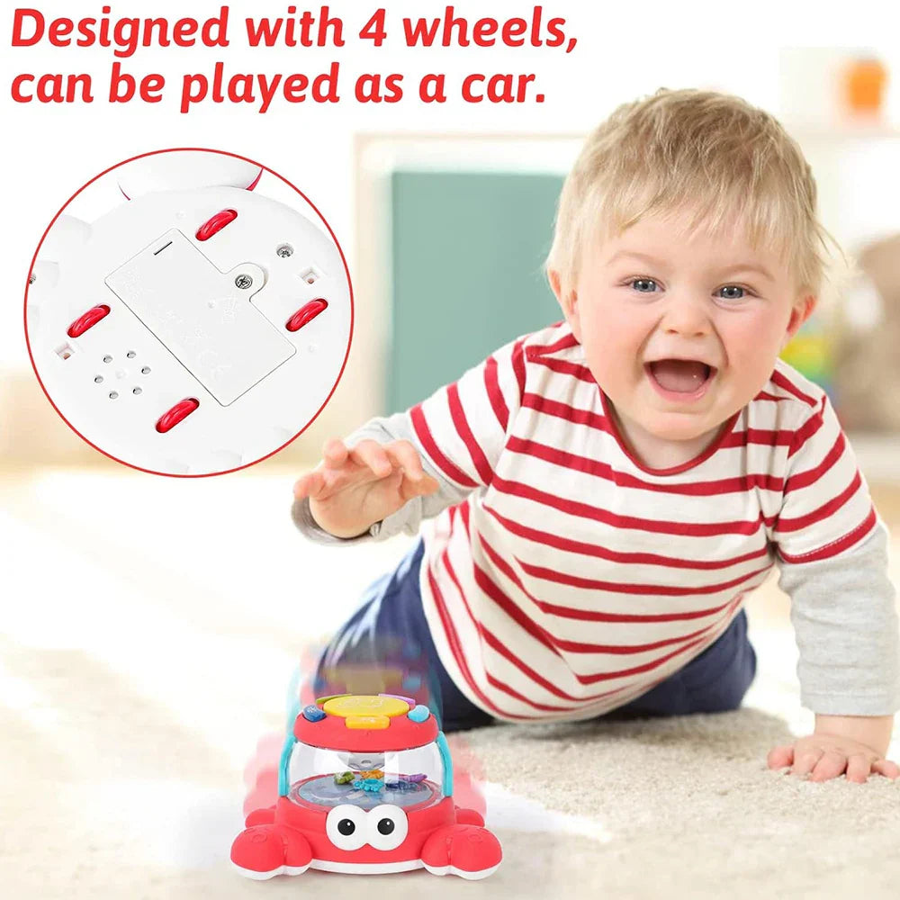 Red crab-shaped kids music turtle toy car with four wheels and transparent dome for musical early learning and fine motor skills