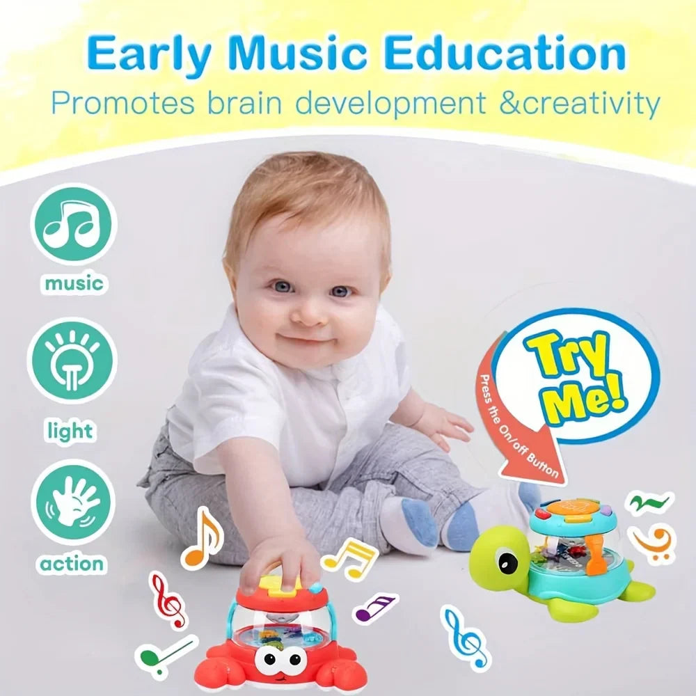 Red crab-shaped kids music turtle toy with colorful buttons and transparent dome for musical early learning and fine motor skills