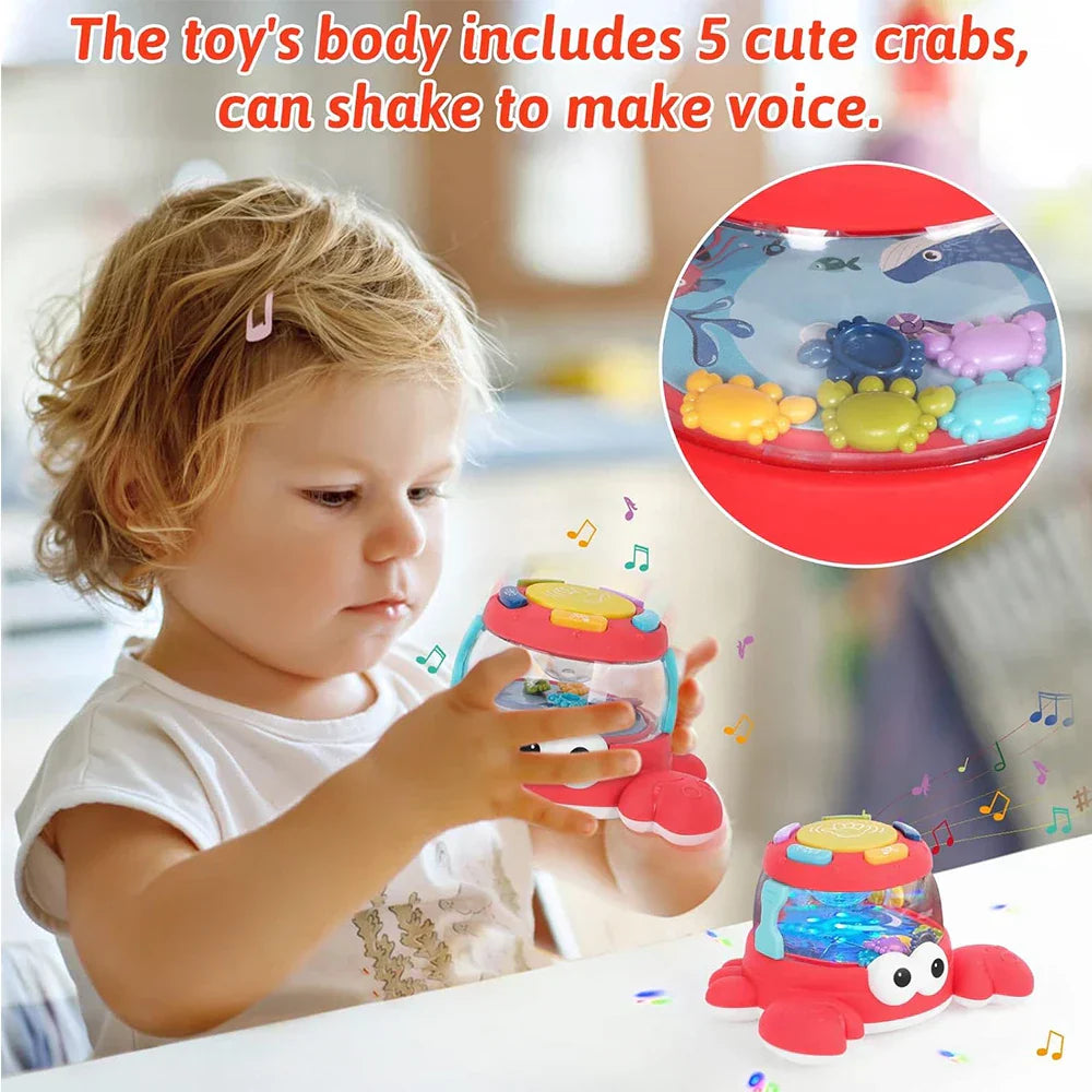Red and yellow kids music turtle crab toy with colorful plastic crabs in a dome for musical early learning and fine motor skills
