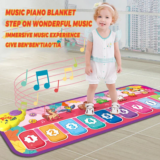 Colorful kids piano dance mat with cartoon animals and numbered keys for interactive play on a floor keyboard mat