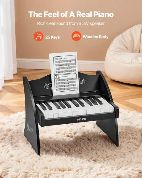 Black wooden kids piano keyboard with 25 keys and a white music sheet stand digital music educational instrument