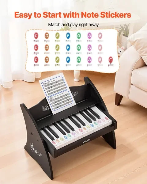 Black wooden kids piano keyboard with colorful note stickers 25 keys wooden digital piano music educational instrument toy