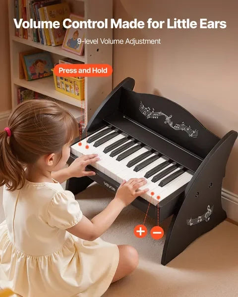 Black wooden kids piano keyboard with 25 keys and musical note decals is a mini wooden digital piano music educational instrument