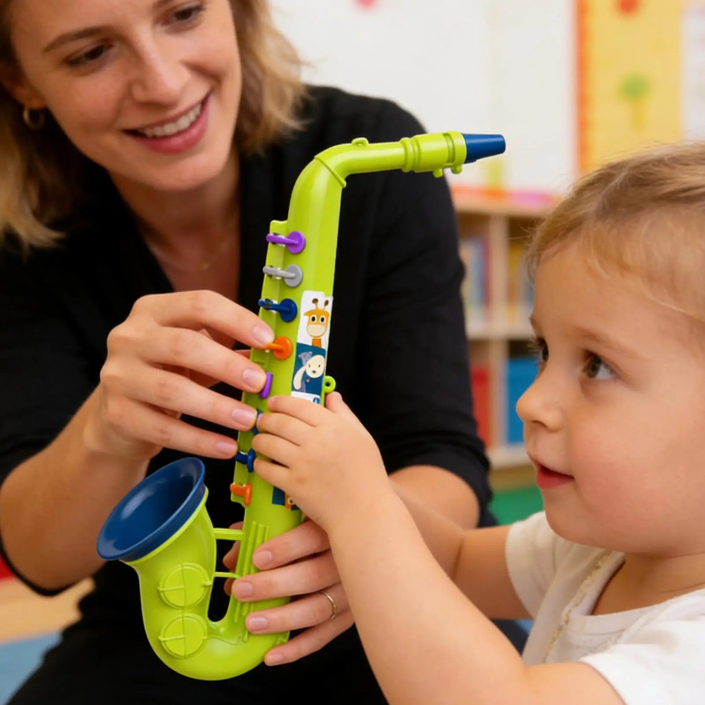 Bright green plastic saxophone toy with colorful key caps and animal stickers for preschool classroom birthday gift