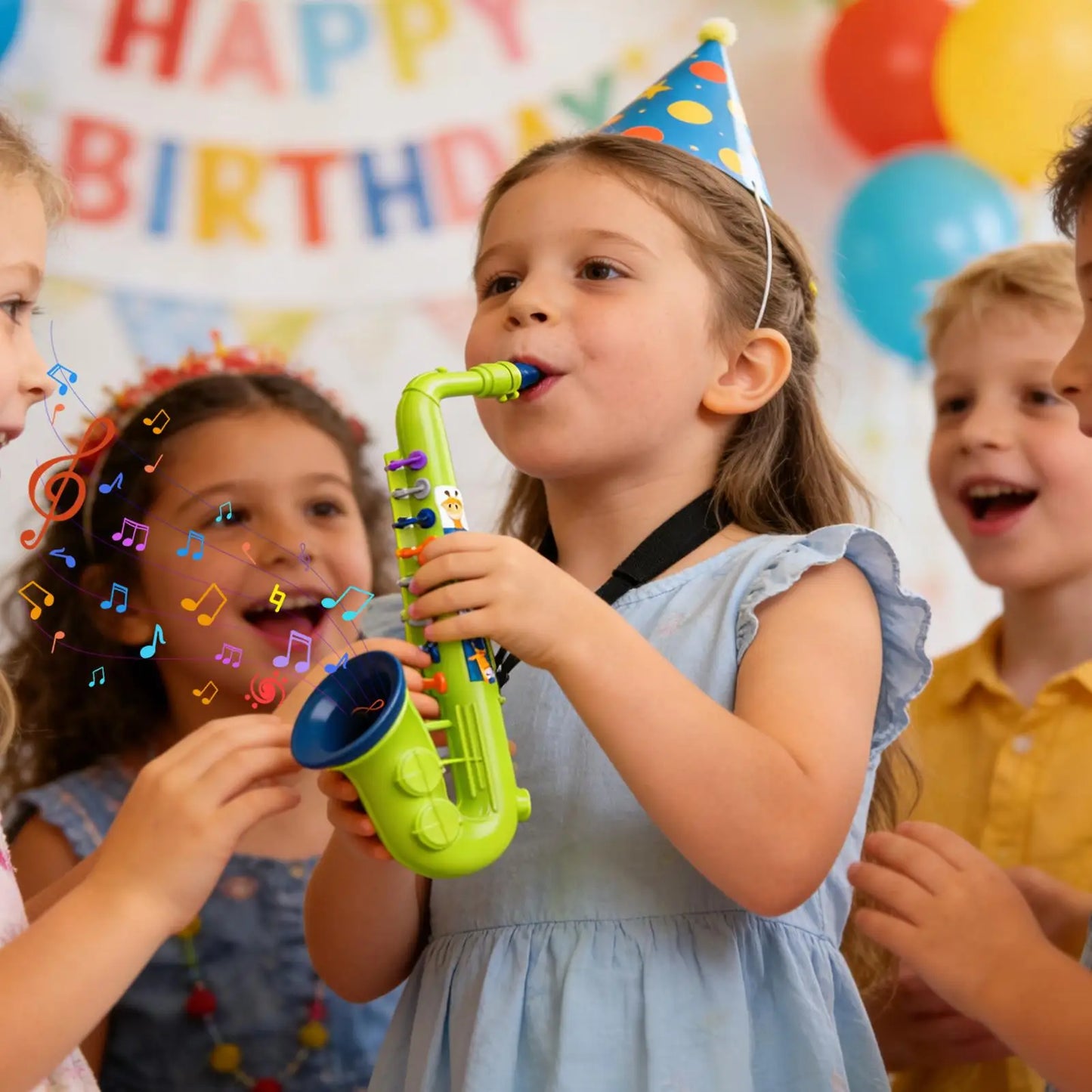 Bright green plastic saxophone toy with colorful keys and blue mouthpiece for educational musical instrument use in preschool classroom birthday gift