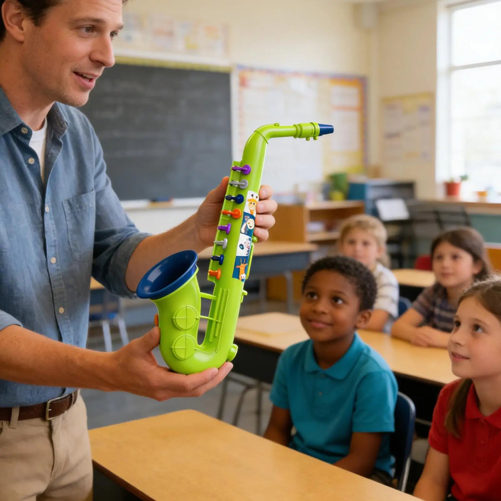Bright green plastic saxophone toy with colorful buttons and cartoon stickers educational musical instrument for preschool classroom birthday gift