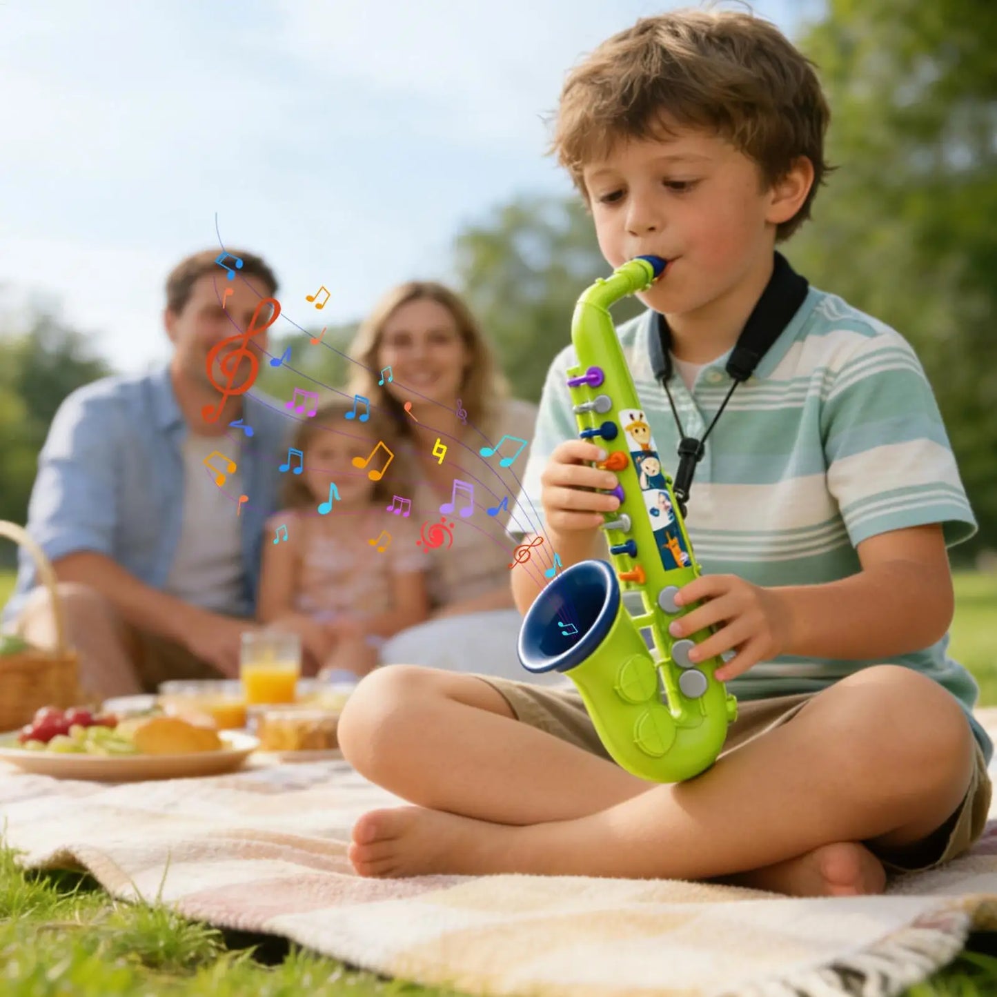 Bright green plastic saxophone toy with colorful buttons and cartoon decals educational musical instrument for preschool classroom birthday gift