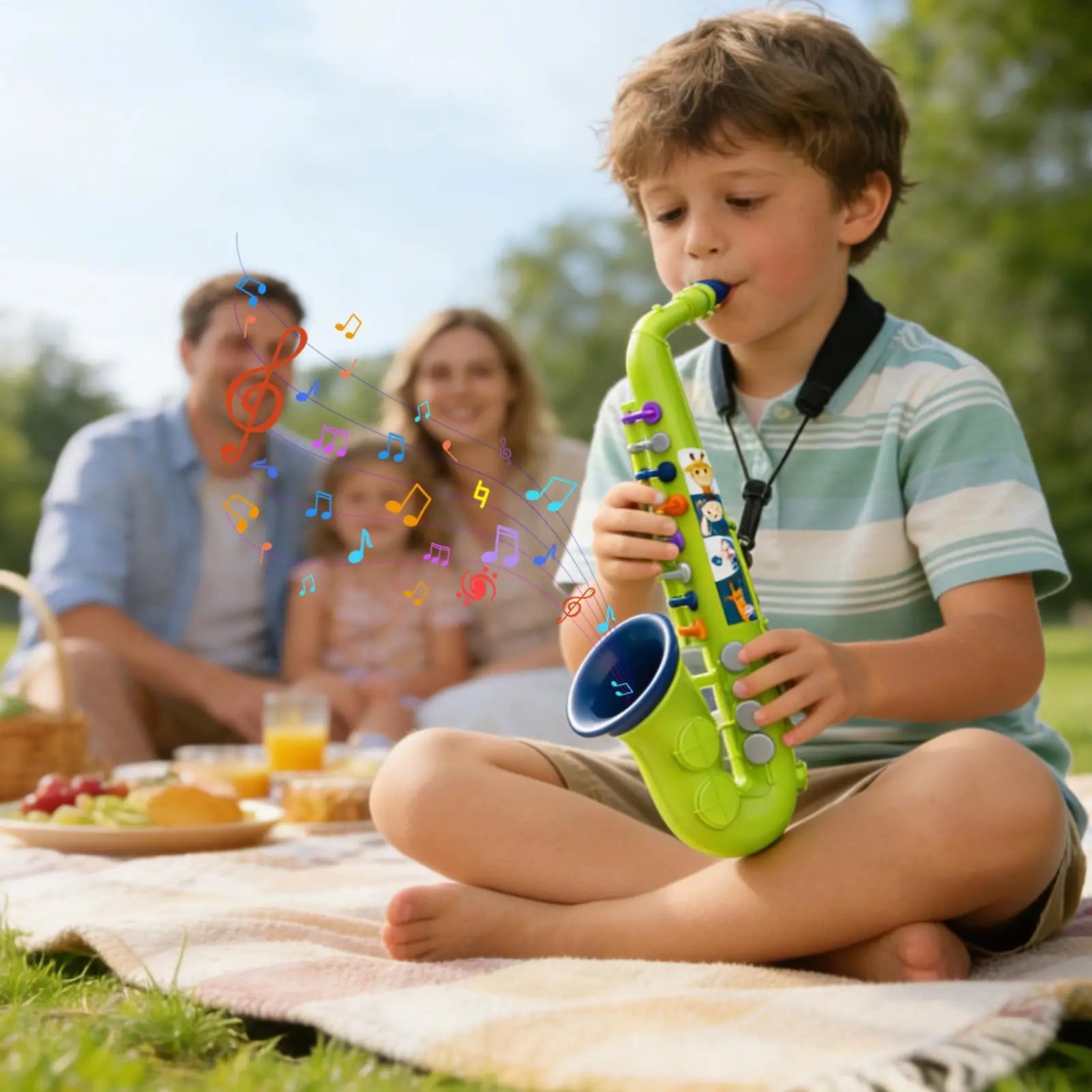 Bright green plastic saxophone toy with colorful buttons and cartoon decals educational musical instrument for preschool classroom birthday gift