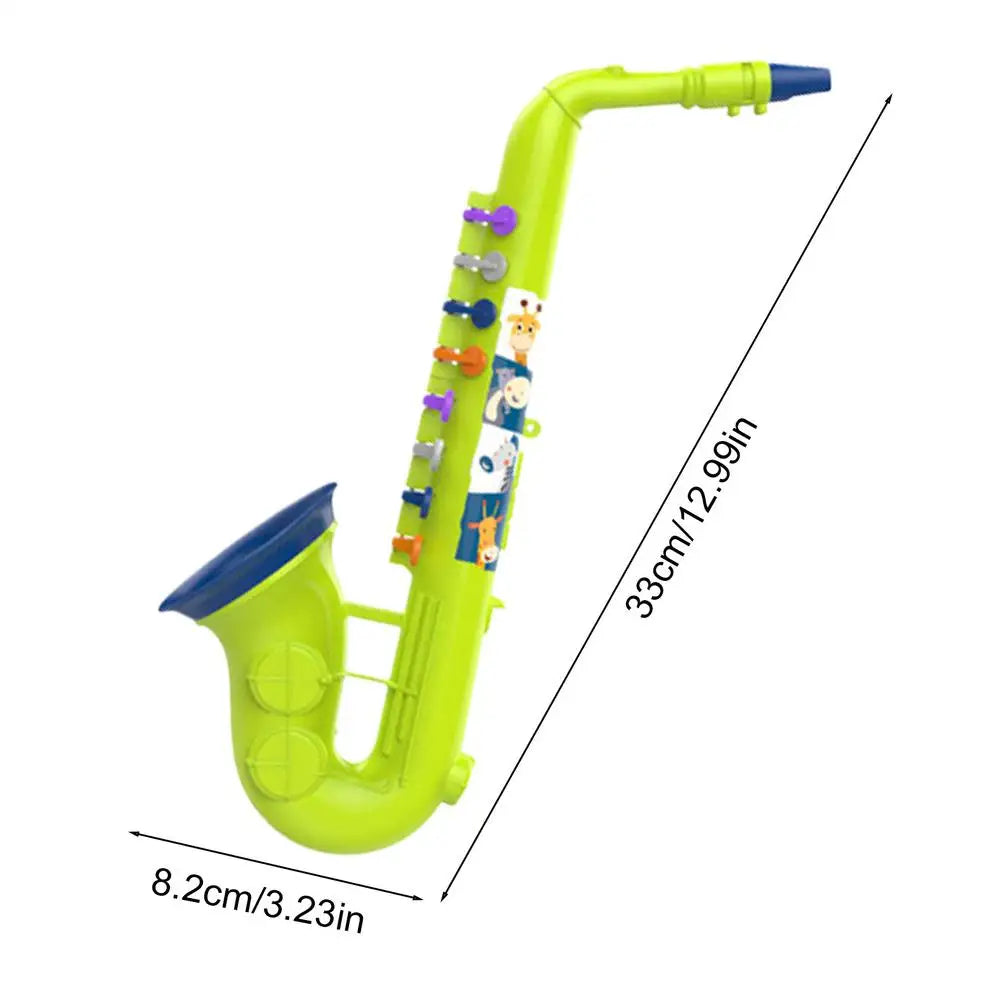 Bright lime green plastic saxophone toy with blue keys and colorful animal stickers for preschool classroom birthday use