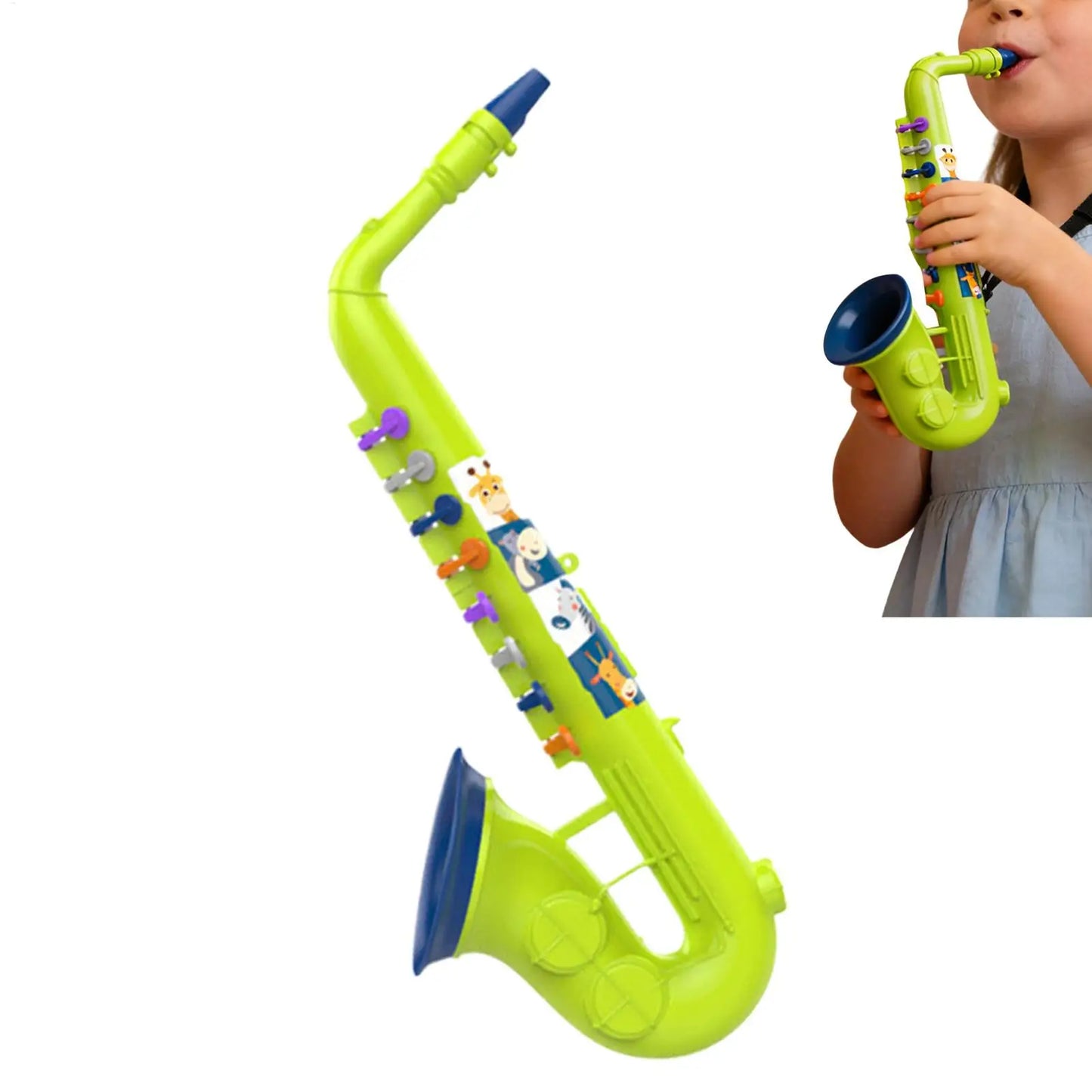 Bright lime green plastic saxophone toy with blue accents and colorful animal stickers for preschool classroom birthday use
