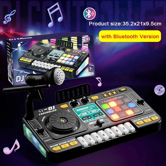 Black plastic simulation dj mixer with colorful illuminated buttons and built-in microphone for multifunctional music effects and electronic learning game