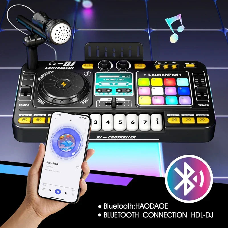 Black plastic simulation dj mixer with colorful illuminated buttons and built-in microphone for electronic learning game