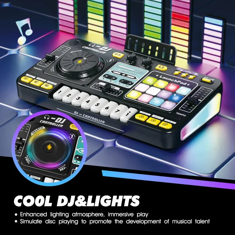 Black and yellow simulation dj mixer with colorful illuminated pads and multifunctional music effects for children