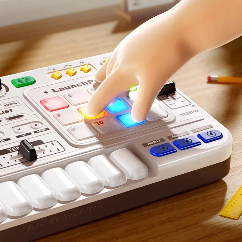 A child’s hand presses a glowing blue button on a white multifunctional music effects simulation DJ mixer toy