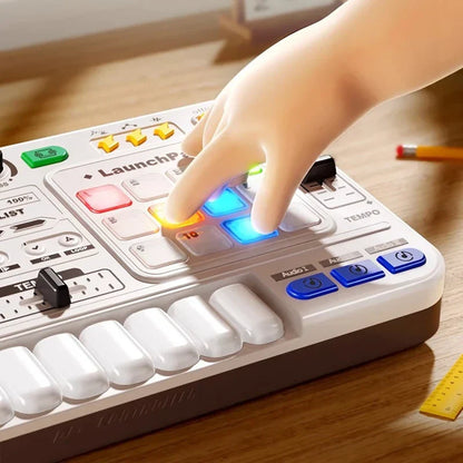 A child’s hand presses a glowing blue button on a white multifunctional music effects simulation DJ mixer toy