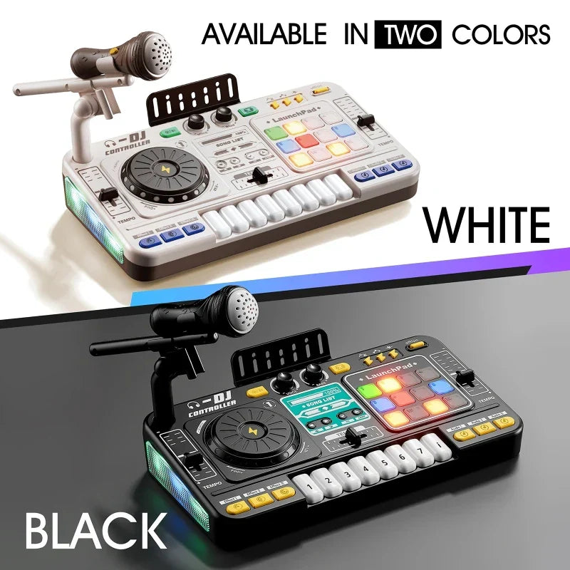 White and black plastic simulation dj mixer toy with colorful illuminated buttons multifunctional music effects and microphones