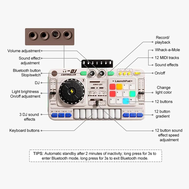White plastic simulation dj mixer toy with colorful buttons and jog wheel for multifunctional music effects learning game