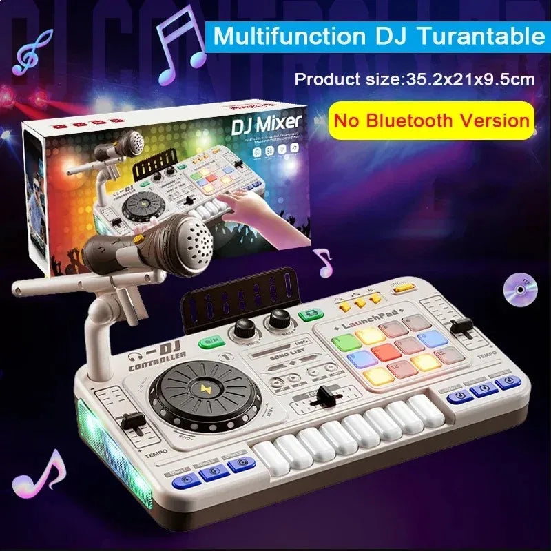White plastic simulation dj mixer with colorful illuminated buttons and multifunctional music effects for kids learning game