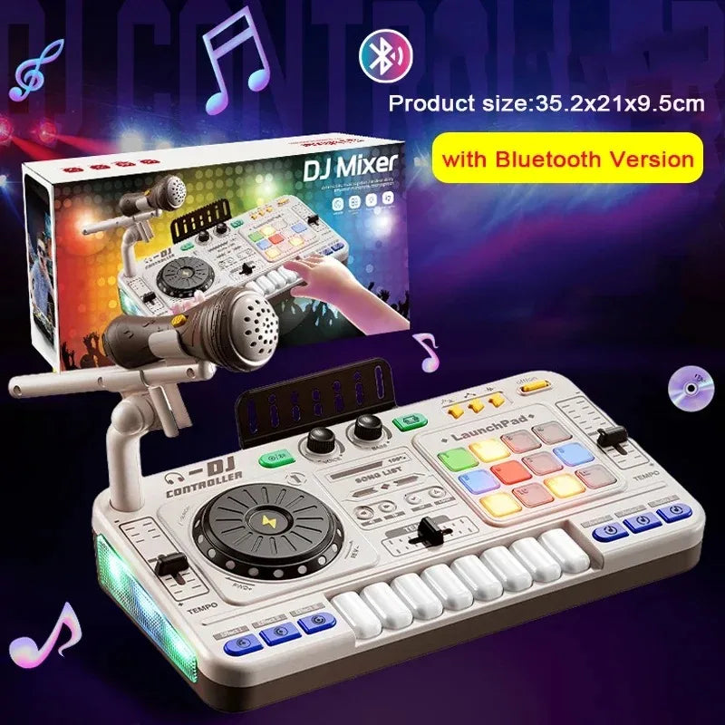 White plastic simulation dj mixer with colorful illuminated buttons multifunctional music effects and electronic learning game features